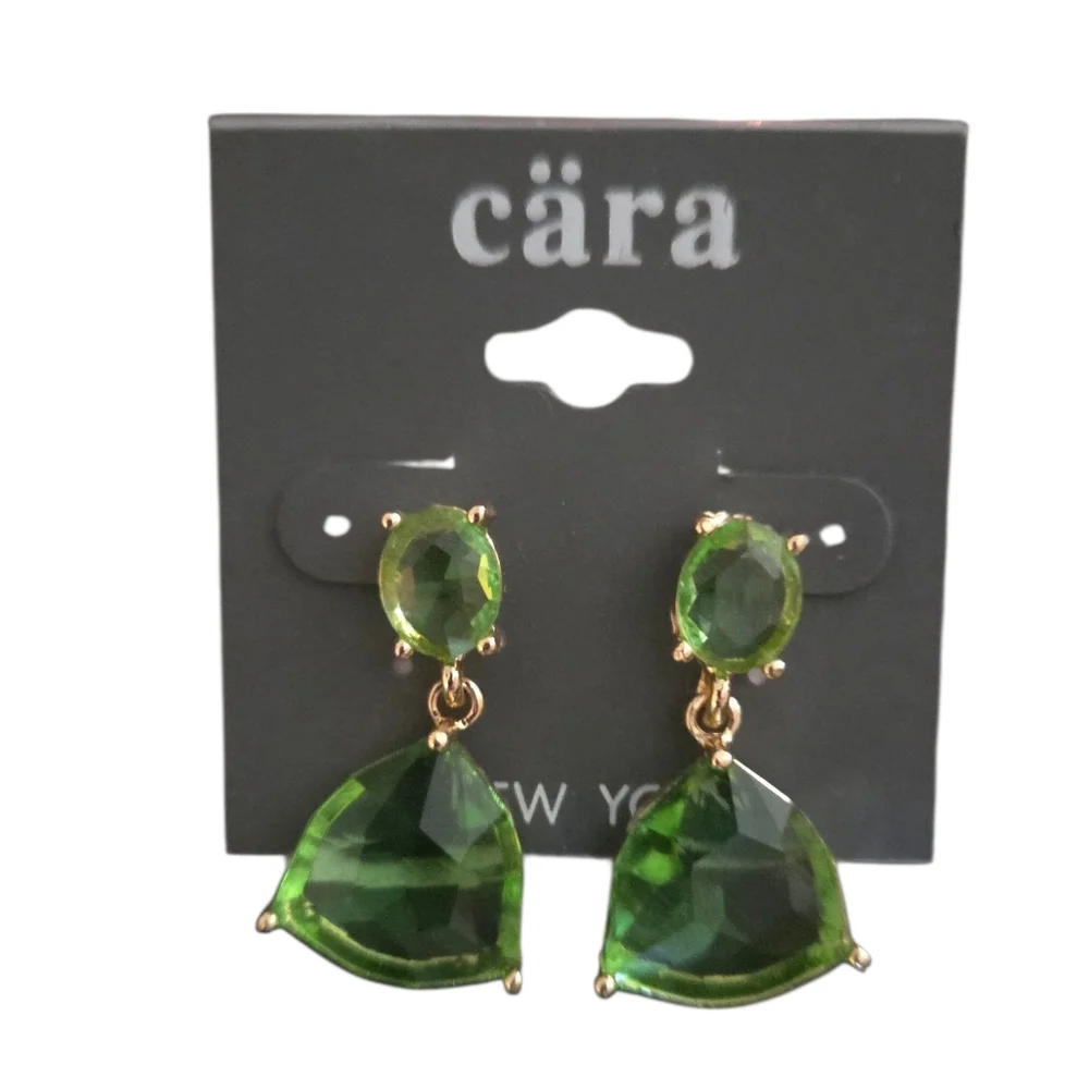 Cara New York Green Glass Stone Droplet Earrings NEW